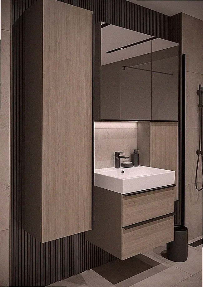 Badmöbel Set Waschbecken-Unterschrank 60 cm Hochschrank mit Spiegel 160 cm Eiche