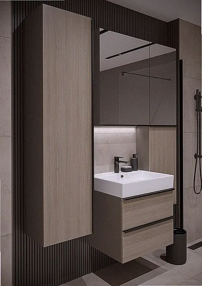 Badmöbel Set Waschbecken-Unterschrank 80 cm Hochschrank mit Spiegel 160 cm Eiche