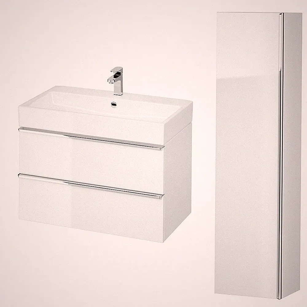 Badmöbel Set Waschbecken-Unterschrank 80 cm Hochschrank mit Spiegel 160 cm, Weiß