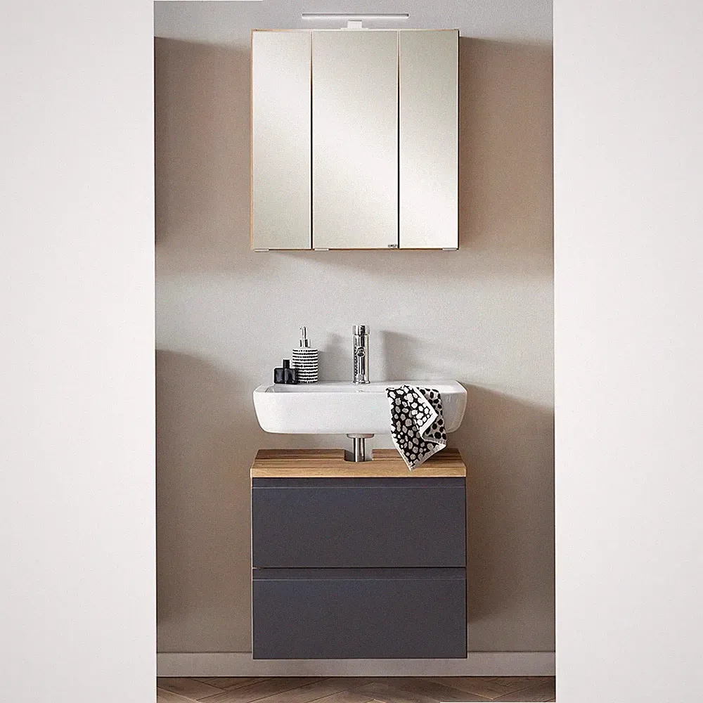 Badmöbel Set, Waschbeckenunterschrank mit Spiegelschrank, 60cm, LED Beleuchtung