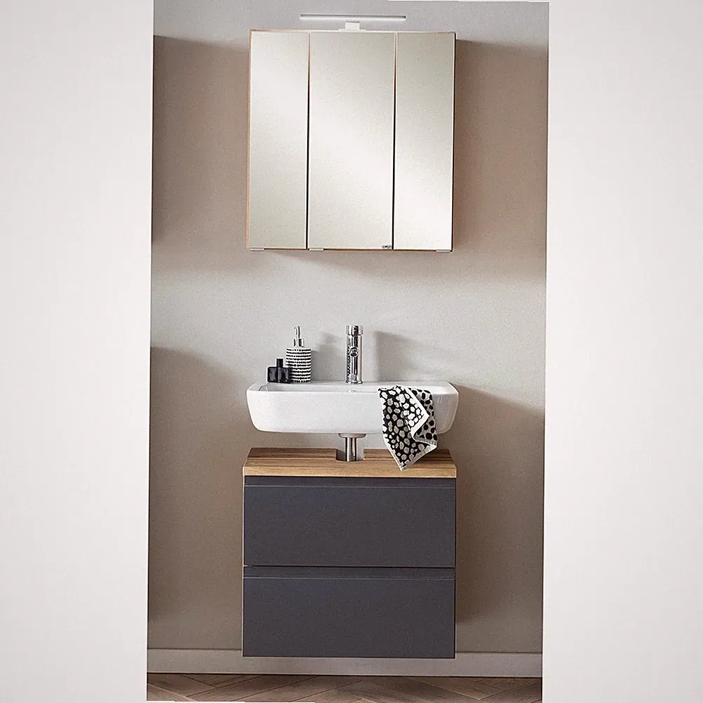 Badmöbel Set, Waschbeckenunterschrank mit Spiegelschrank, 60cm, LED Beleuchtung