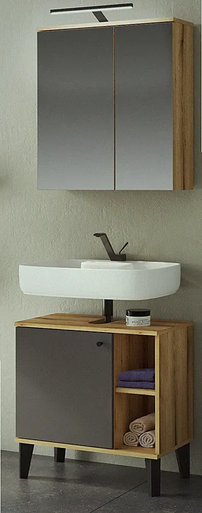 Badmöbel Set Waschbeckenunterschrank Spiegelschrank Eiche und grau 60 cm Torsby