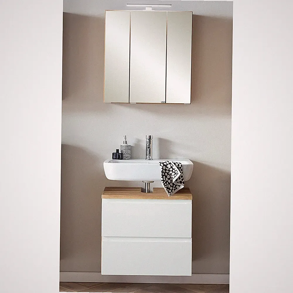 Badmöbel Set Waschplatz Waschbeckenunterschrank 60cm Spiegelschrank weiß Eiche