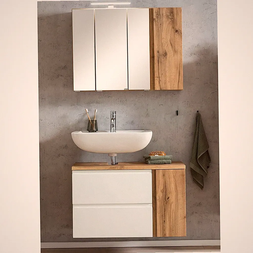 Badmöbel Set Waschplatz Waschbeckenunterschrank Spiegelschrank 85cm weiß Eiche