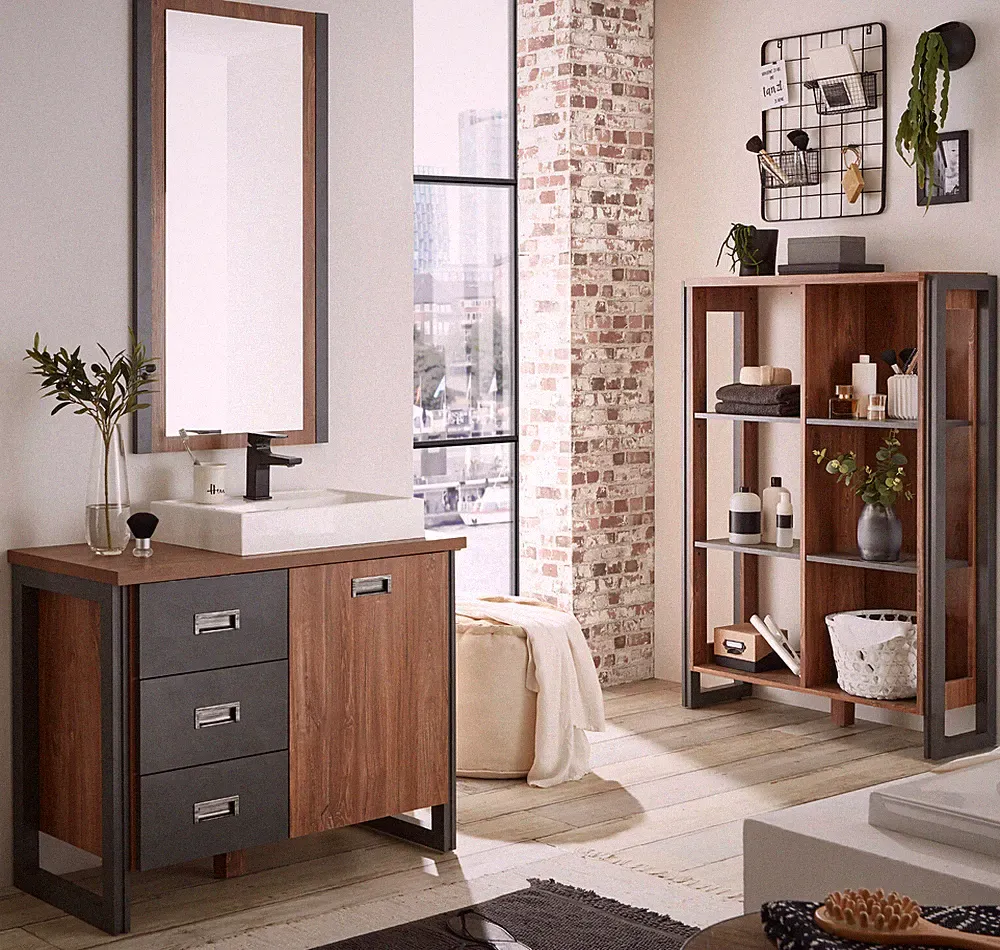 Badmöbel Set Waschtisch MIT Waschbecken Badezimmer Möbel 4-tlg Eiche grau Auburn