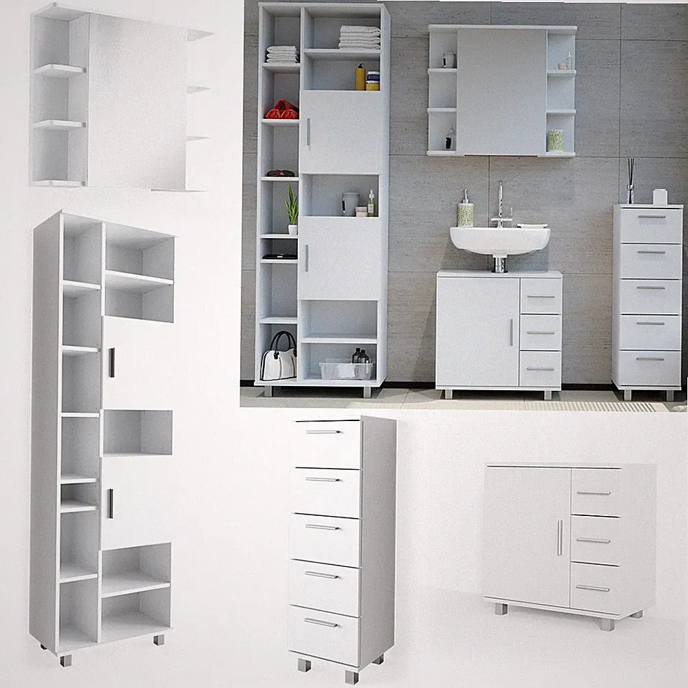 Badmöbel Set Waschtischunterschrank Badschrank Spiegelschrank ILIAS Weiß Vicco