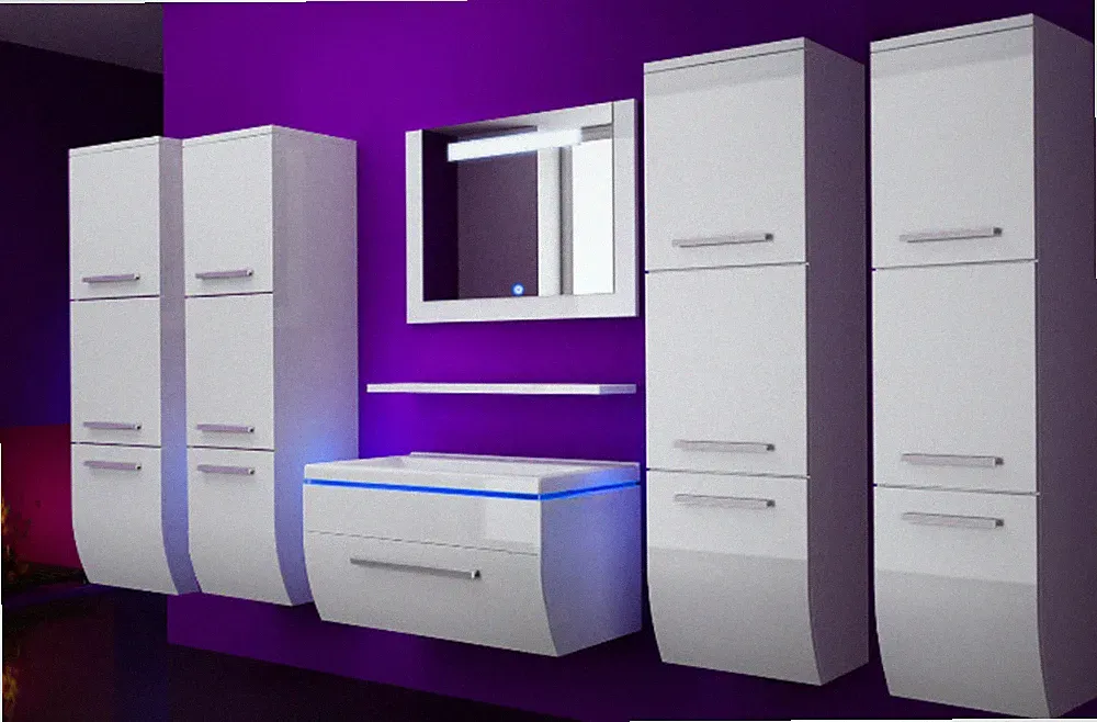 Badmöbel Set Weiss 215 cm Hochglanz Waschbecken Spiegel Komplett Bad Led System.
