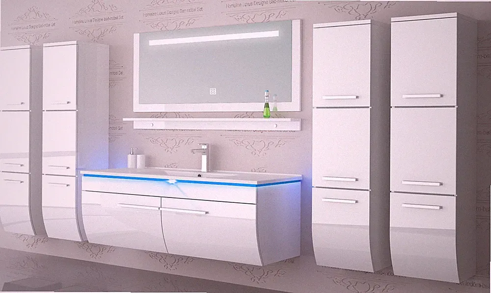 Badmöbel Set Weiss 240 cm Hochglanz Waschbecken Spiegel Komplett Bad Led System.