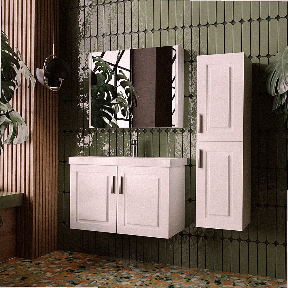 Badmöbel-Set Weiß | 60/80 | Badezimmerschränke Spiegelschrank Keramikwaschbecken