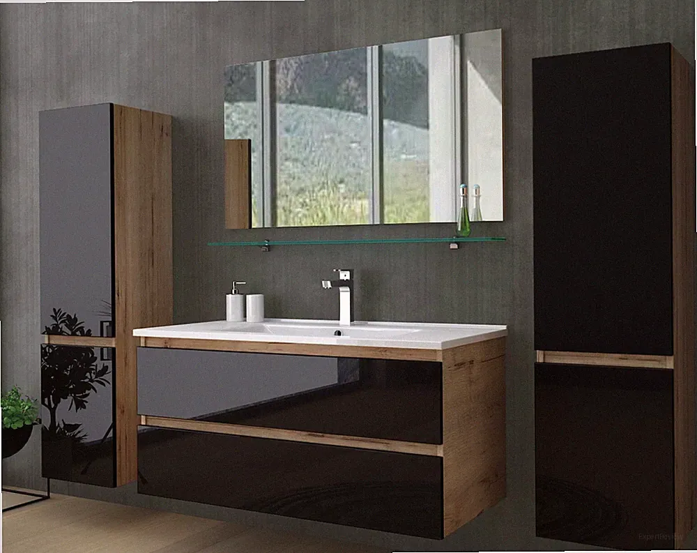 Badmöbel Set Weiß / Beige Marmor Optik Glänzend Badezimmermöbel 90 cm bis 6 Tlg