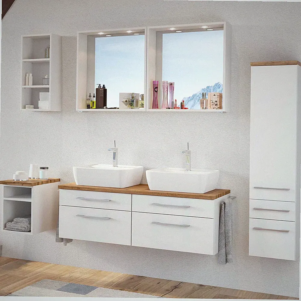 Badmöbel Set weiß Doppelwaschtisch Keramik Waschbecken 120cm LED Spiegelschrank