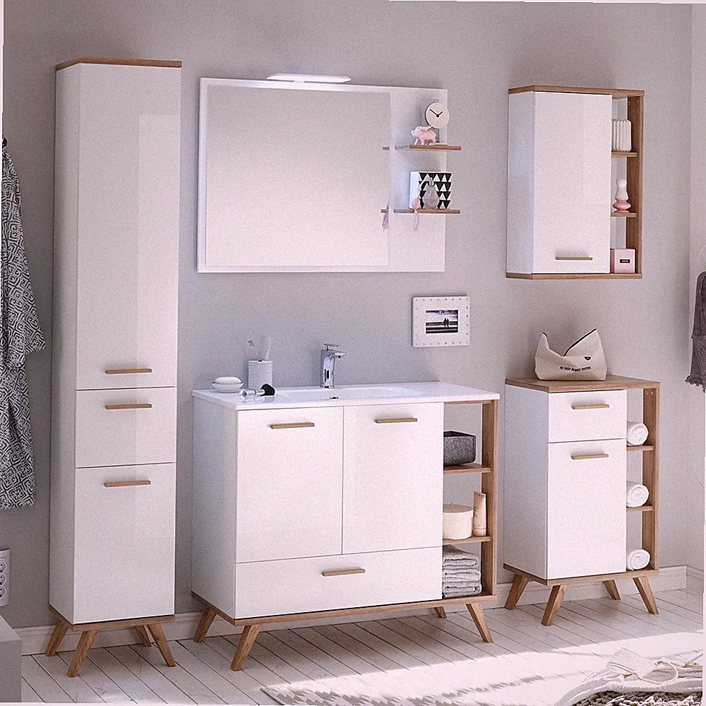 Badmöbel Set weiß Glanz Waschtisch-Unterschrank Hochschrank Badezimmer Komplett