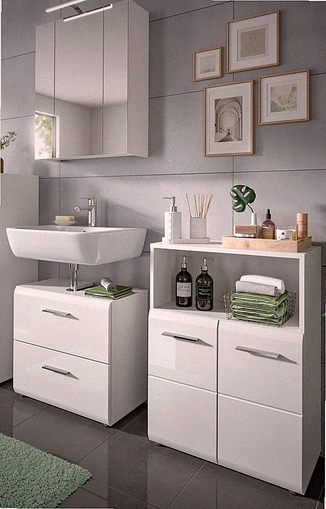 Badmöbel Set weiß Hochglanz Badezimmer 3-teilig 2-türige Kommode 130 cm Cover
