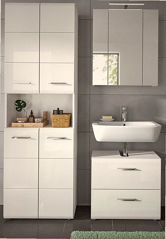 Badmöbel Set weiß Hochglanz Badezimmer Schrankset 3-teilig mit Hochschrank Cover