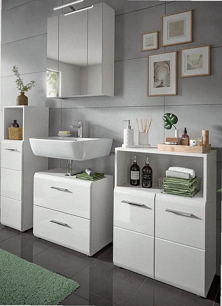 Badmöbel Set weiß Hochglanz Badezimmer Schrankset 4-teilig Spiegelschrank Cover