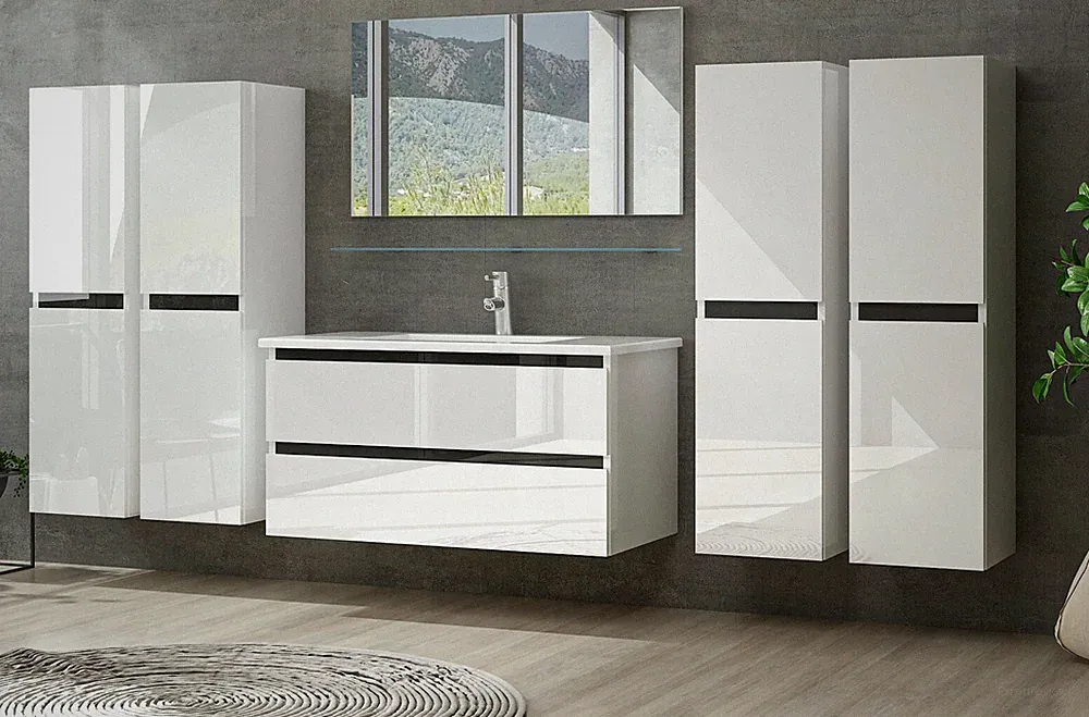 Badmöbel Set Weiss Hochglanz Badezimmermöbel 90 cm bis 8tlg Bad Möbel Badezimmer