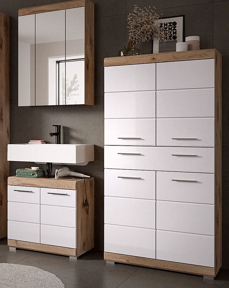 Badmöbel Set weiß Hochglanz Eiche Badezimmer Schrank-Set 3-teilig 150 cm Willow