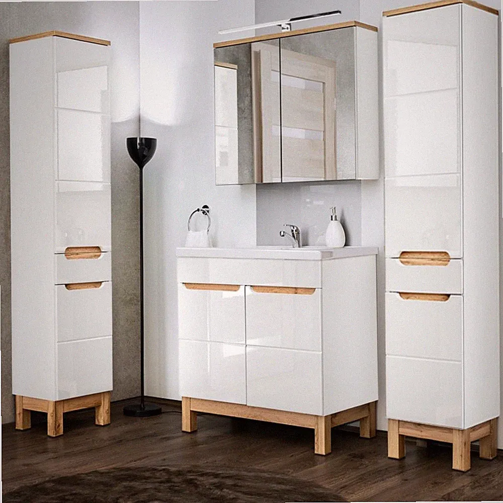 Badmöbel Set weiß Hochglanz Waschtisch Waschbecken Spiegelschrank 2 Hochschränke