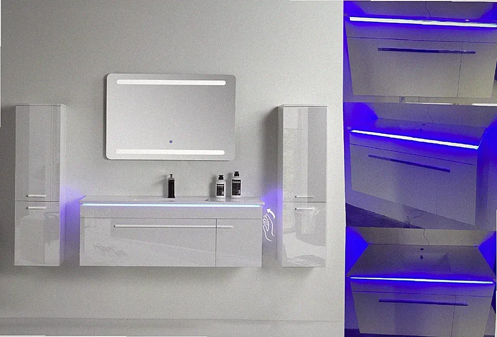 Badmöbel Set Weiß Komplett Hochglanz 5-teilig LED Badezimmermöbel 90 cm