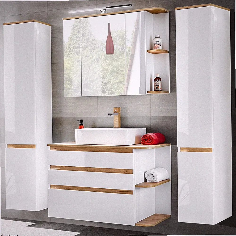 Badmöbel Set weiß Waschtisch Keramik Waschbecken LED Spiegelschrank Hochschränke