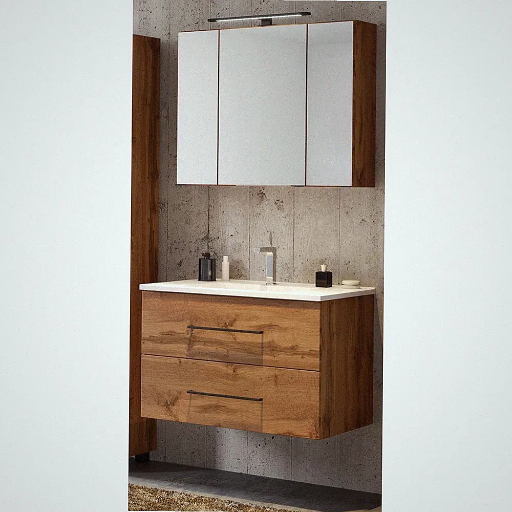 Badmöbel Set Wotaneiche Waschtisch 80cm Waschbecken LED Spiegelschrank Gäste WC