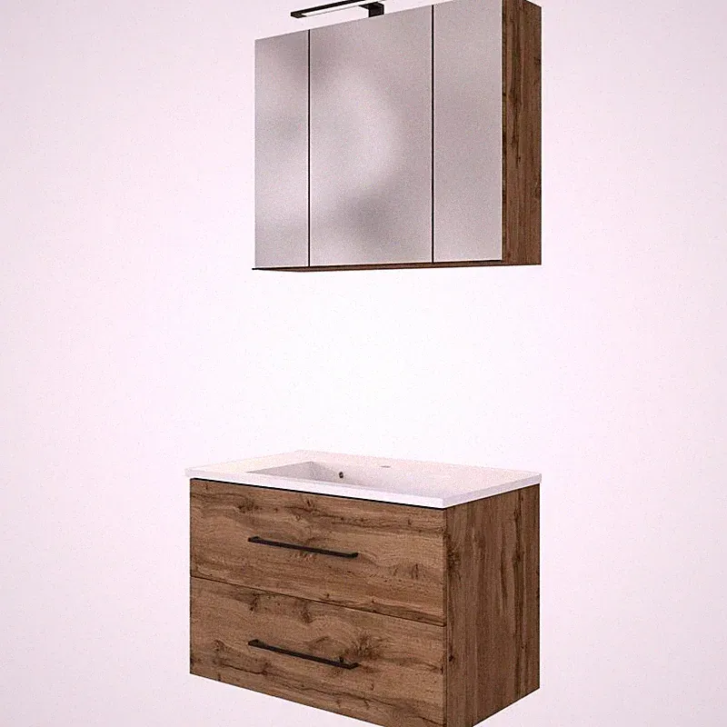 Badmöbel Set Wotaneiche Waschtisch-Unterschrank 80cm Waschbecken Spiegelschrank
