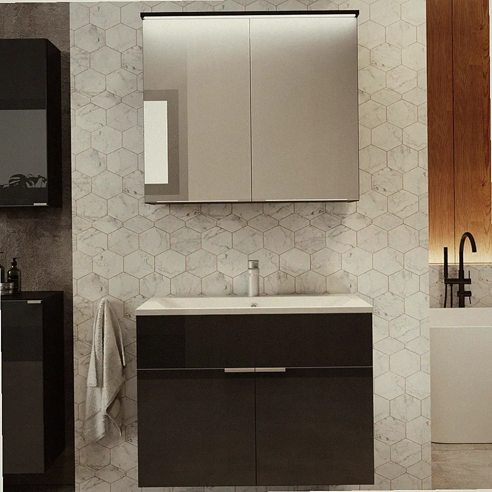 BADMÖBEL SET ZONE MIT KERAMIKBECKEN GRAPHITE HOCHGLANZ GLASFRONT SPIEGEL SCHRANK