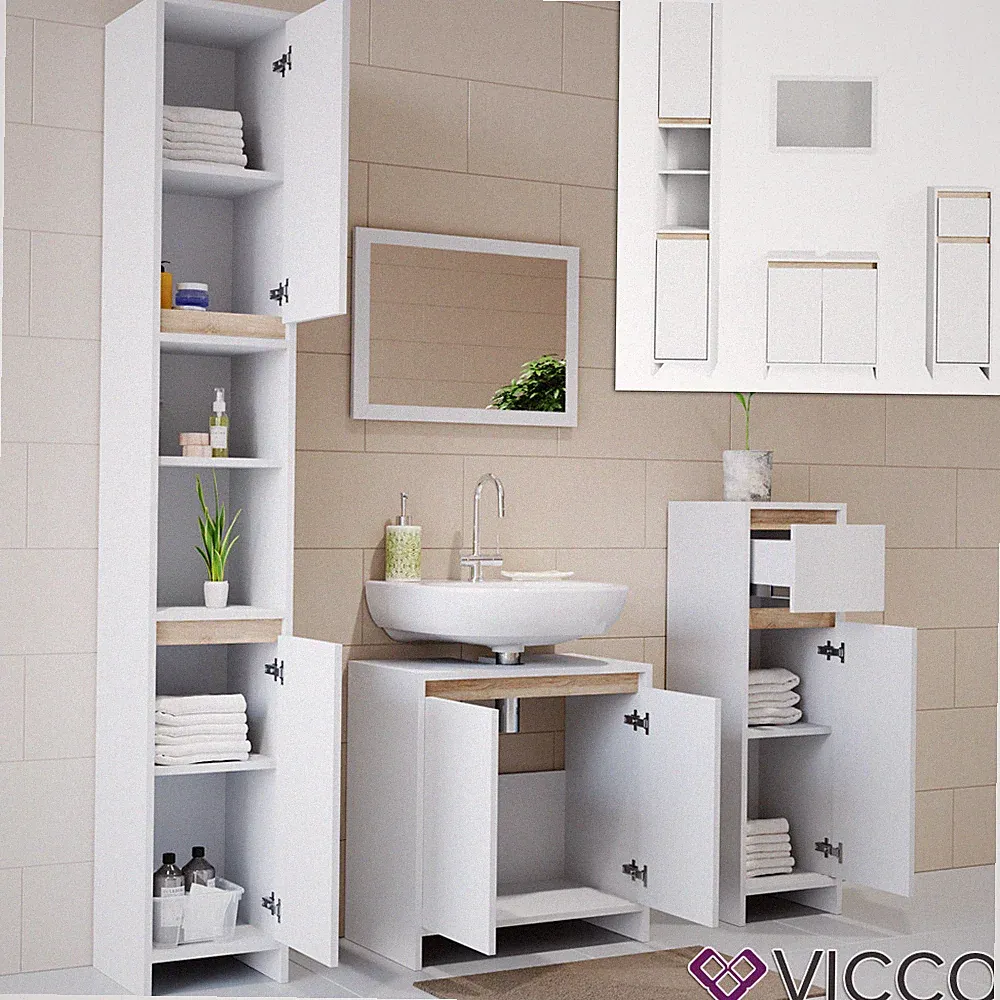 Badmöbel Spiegel Unterschrank Hochschrank Midi Set Emma Weiß Sonoma Eiche Vicco