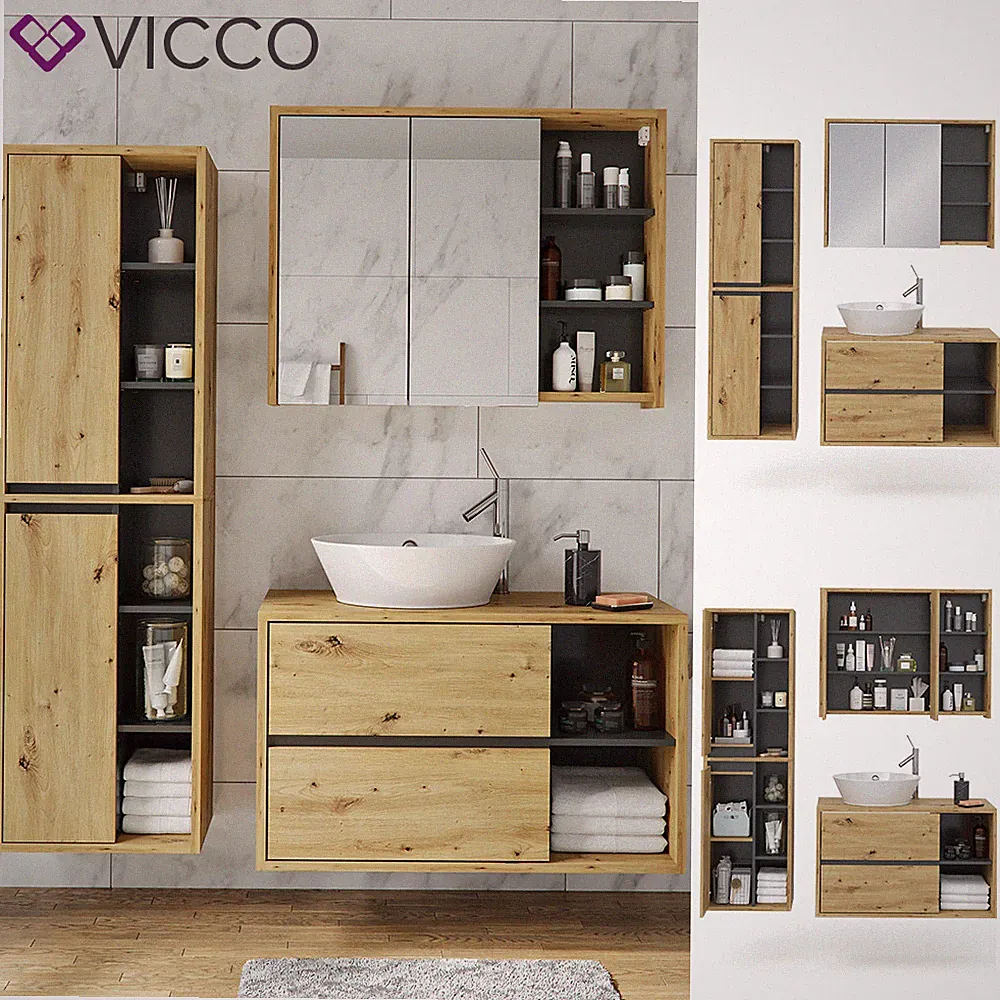 Badmöbel Spiegelschrank Hochschrank Waschtischunterschrank Set Viola Eiche Vicco
