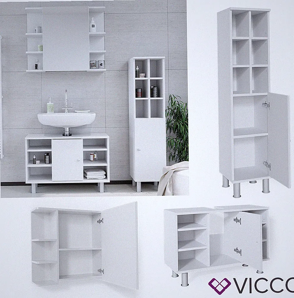 Badmöbel Spiegelschrank Waschbeckenunterschrank Hochschrank Bad Set Fynn Vicco