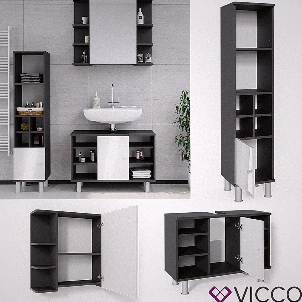 Badmöbel Spiegelschrank Waschbeckenunterschrank Hochschrank Set 3tlg Fynn Vicco