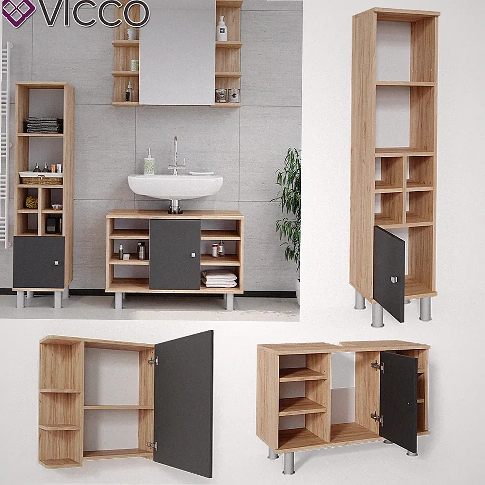 Badmöbel Spiegelschrank Waschbeckenunterschrank Hochschrank Set 3tlg Fynn Vicco