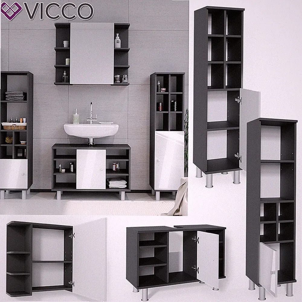 Badmöbel Spiegelschrank Waschbeckenunterschrank Hochschrank Set 4tlg Fynn Vicco