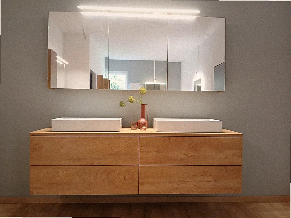 Badmöbel Unterschrank mit Aufsatzbecken Duravit DuraSquare u. Spiegelschrank zu