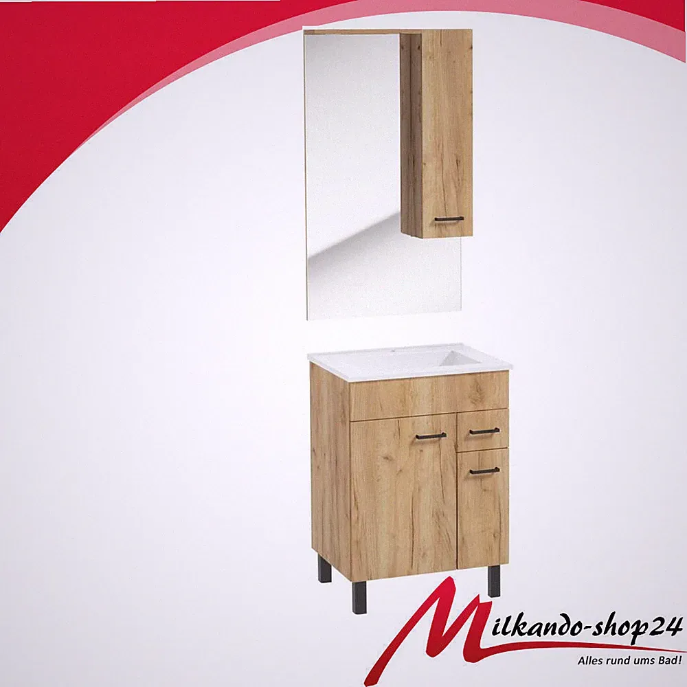 Badmöbel Waschbecken Keramik mit Unterschrank Waschtisch Schubladen Eiche 60 cm