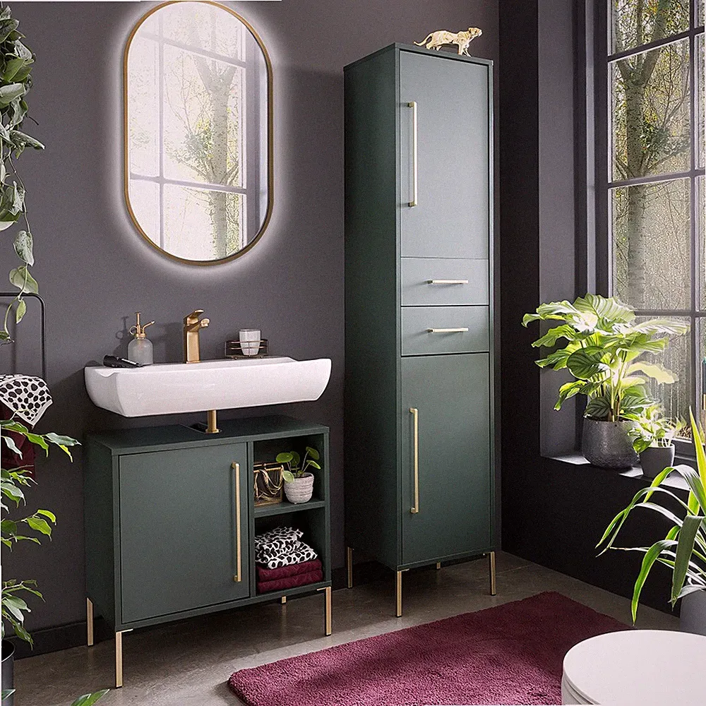 Badmöbel Waschplatz Set inkl. Beleuchtung und Hochschrank in waldgrün Gäste-WC