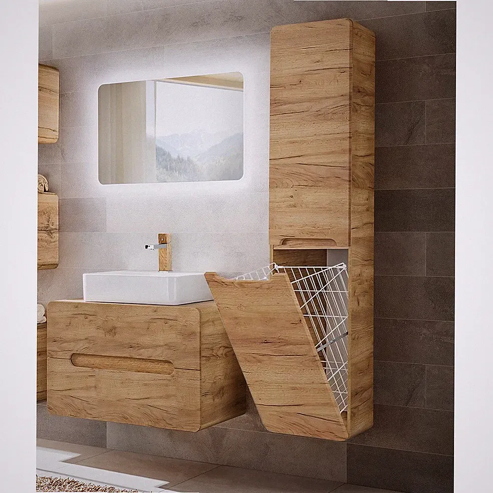 Badmöbel Waschplatz Set Wotaneiche Hochschrank Waschtisch LED-Spiegel Gäste-WC