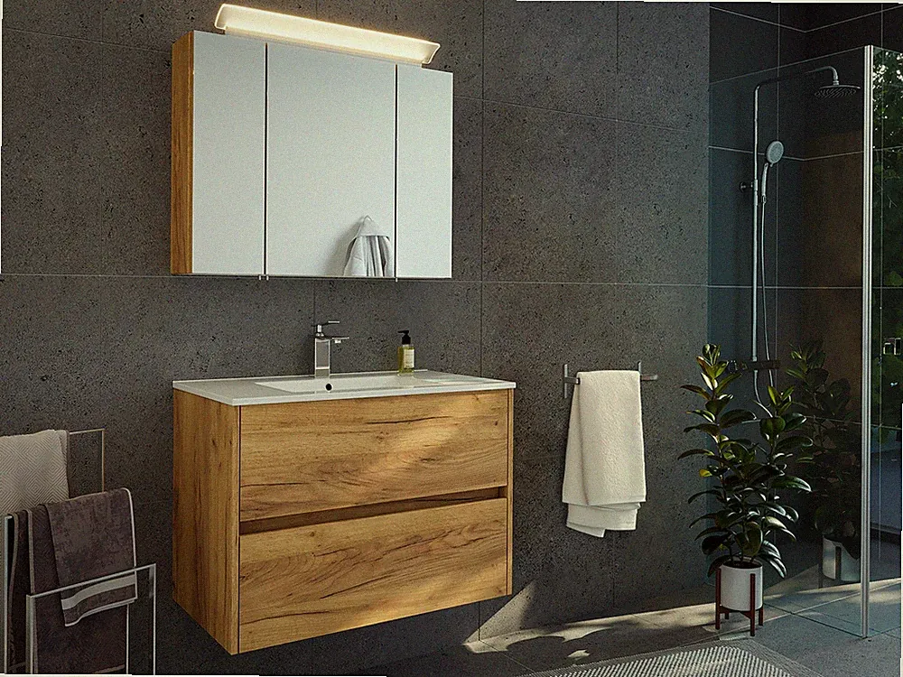 Badmöbelset 2-teilig Limes 80 Eiche Gold Waschplatz LED Spiegelschrank Bademöbel