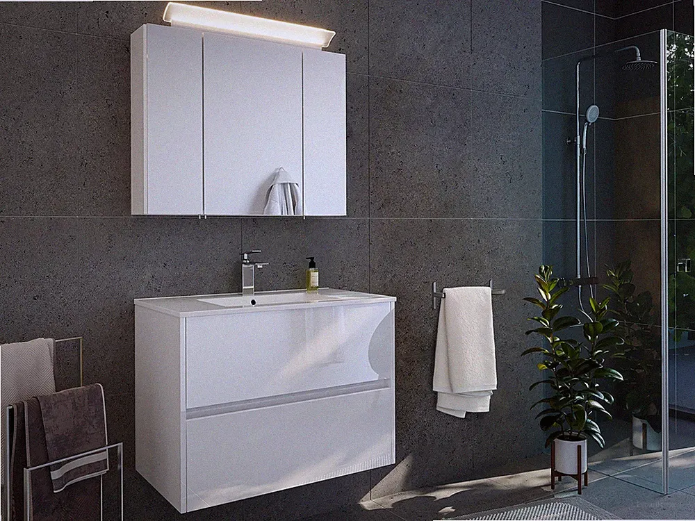 Badmöbelset 2-teilig "Limes 80" Weiß Hochglanz Waschplatz LED Spiegelschrank Set