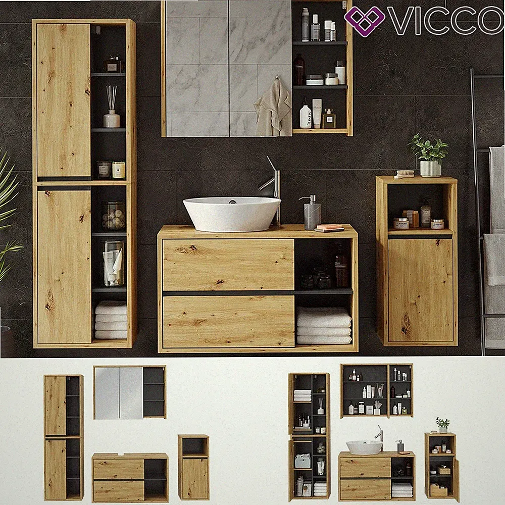 Badmöbelset Badezimmerschrank Badschrank Viola Eiche Anthrazit modern Vicco