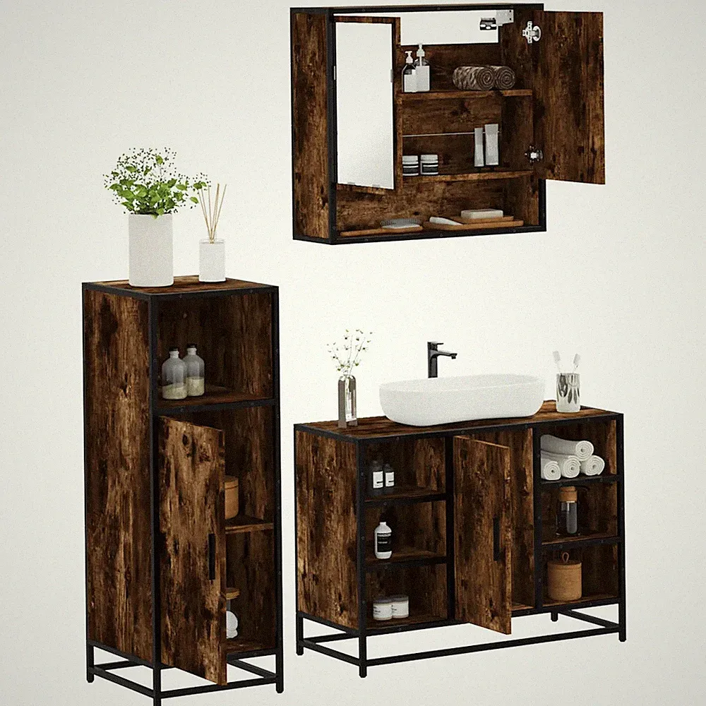 Badmöbelset Dreiteilig Räuchereiche Holzwerkstoff Badezimmer