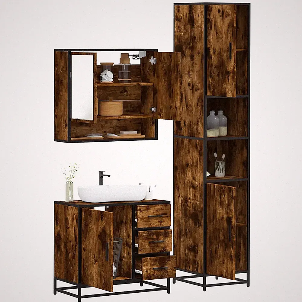 Badmöbelset dreiteilig Räuchereiche Holzwerkstoff Badezimmer Kombination