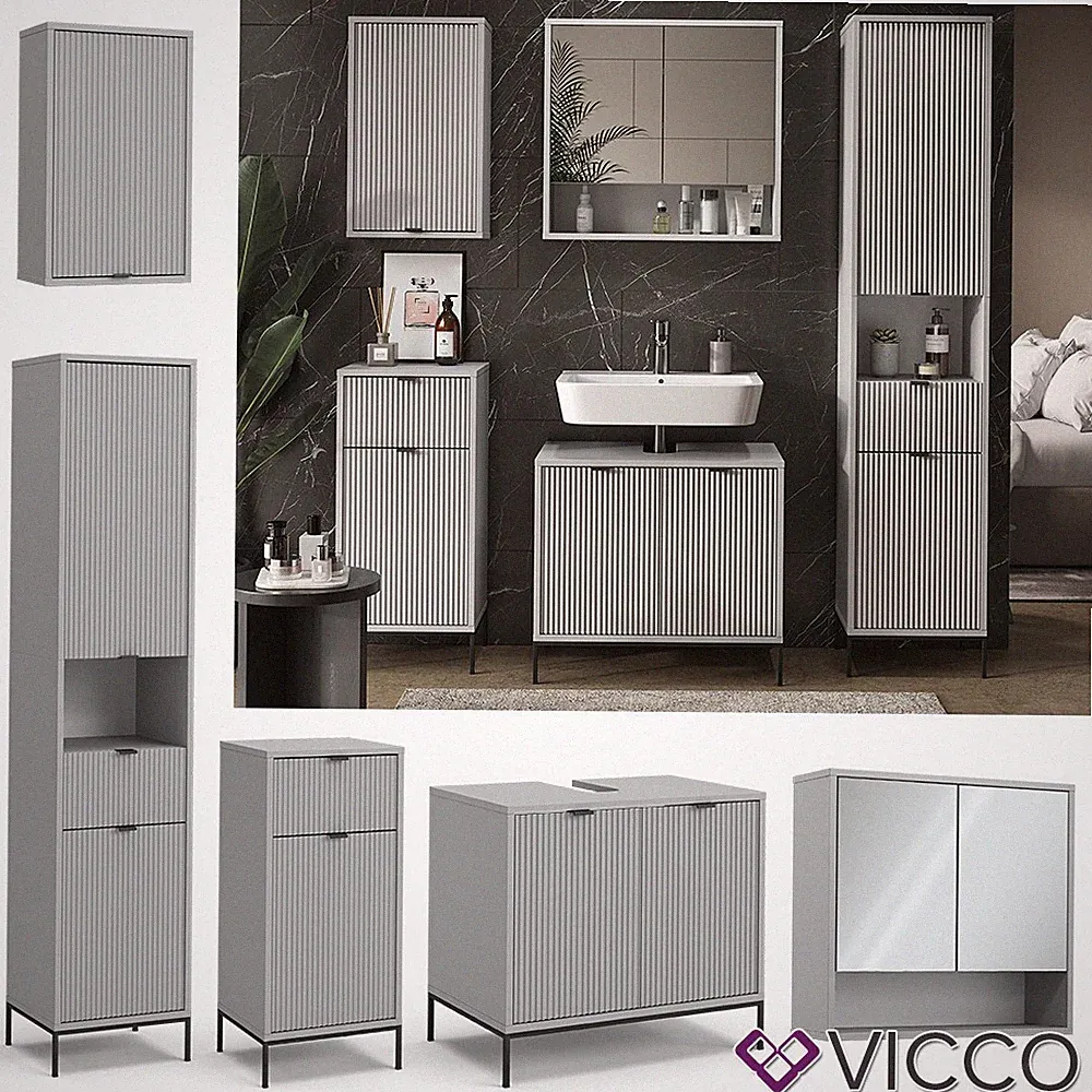 Badmöbelset Eliza, Grau, Badezimmer moderne Badserie, extravagante Fronten Vicco