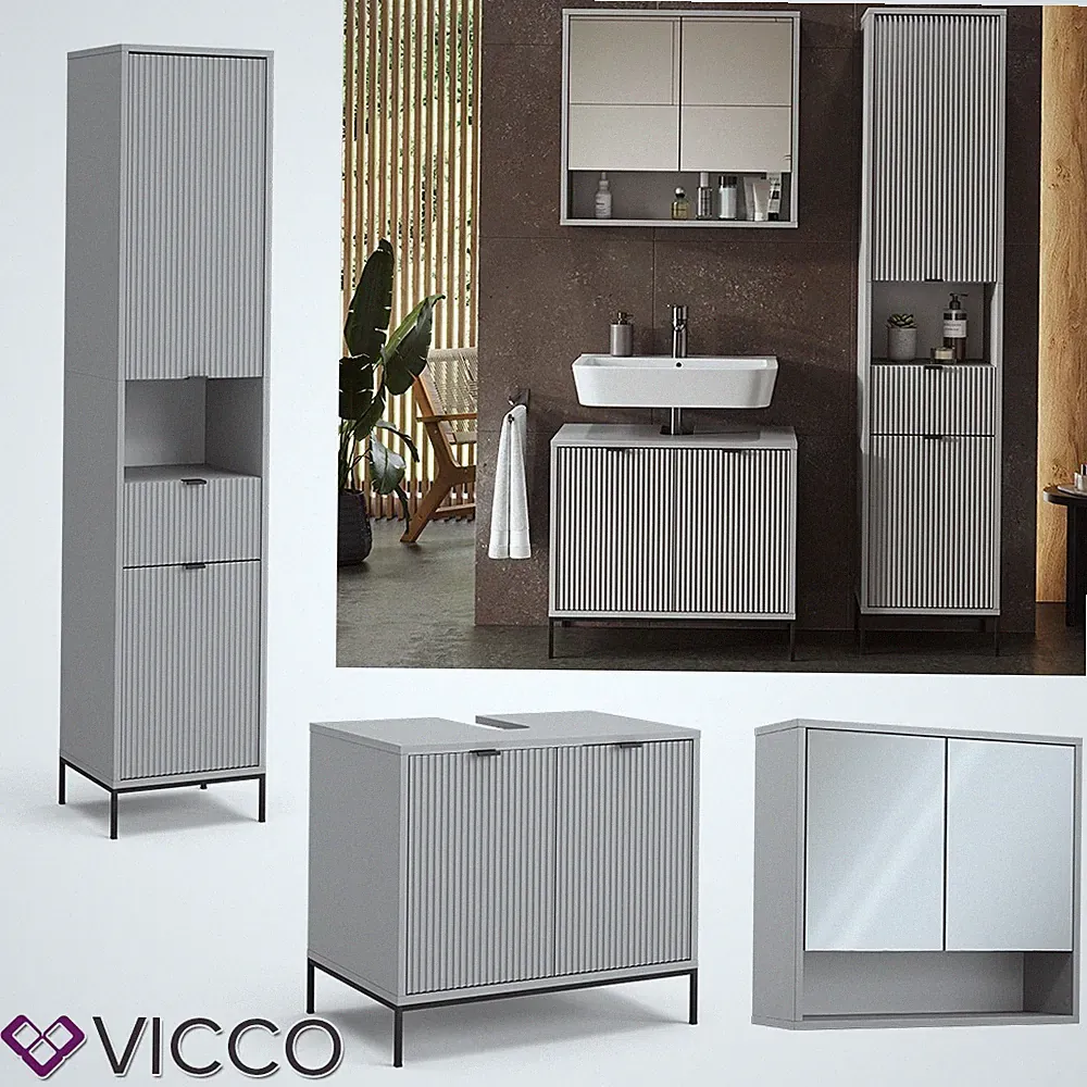 Badmöbelset Eliza, Grau, Badezimmer moderne Badserie, extravagante Fronten Vicco