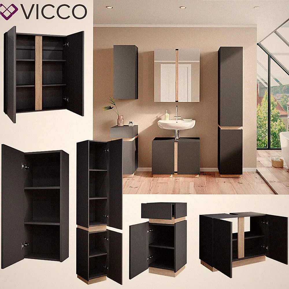 Badmöbelset Gloria Anthrazit-Sonoma modern Badezimmer Spiegelschrank Vicco