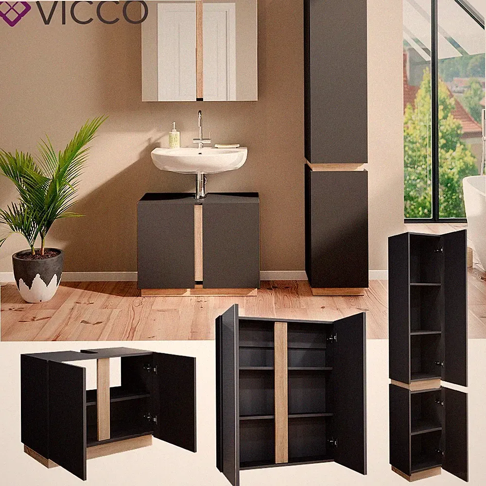 Badmöbelset Gloria Anthrazit Sonoma Spiegelschrank Hochschrank modern Vicco