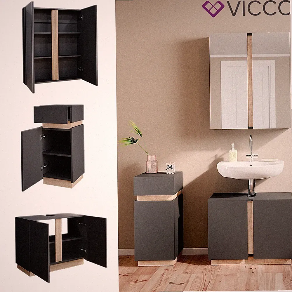 Badmöbelset Gloria Anthrazit Sonoma Spiegelschrank Midischrank modern Vicco