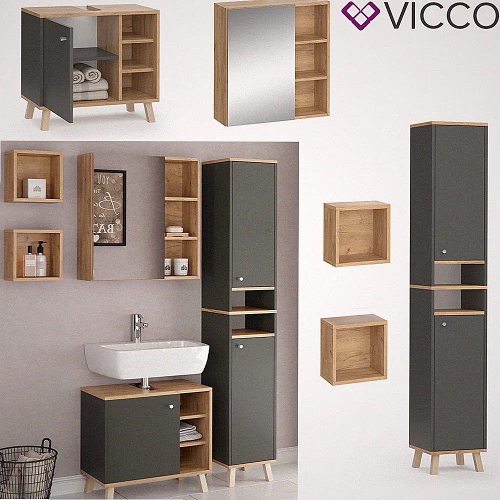 Badmöbelset Hochschrank Waschtischunterschrank Spiegelschrank Senyo GK/ANT Vicco