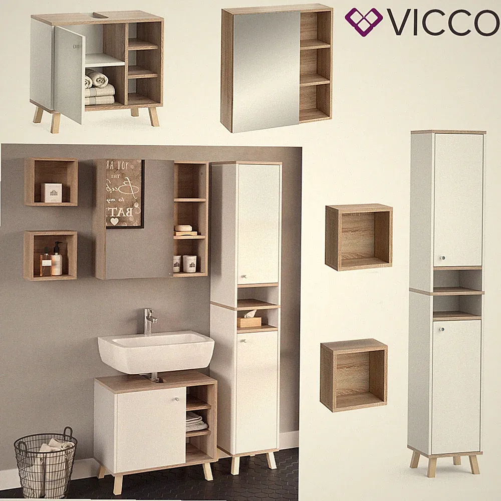 Badmöbelset Hochschrank Waschtischunterschrank Spiegelschrank Senyo S/W Vicco