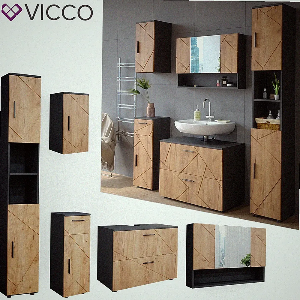 Badmöbelset Irma Anthrazit Eiche modern 80 cm 30 cm Badezimmerschrank Vicco